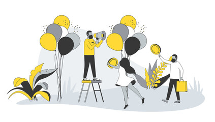 Aufkleber - Advertising concept in flat design with people. Man with megaphone attracting customers, making success promo campaign and promote business. Illustration with character scene for web banner