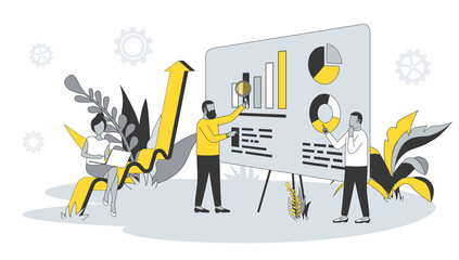 Wall Mural - Analytics concept in flat design with people. Men and woman analyzing and researching business data, work with financial graph at dashboard. Illustration with character scene for web banner