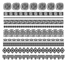 tribal african seamless brushes. hand drawn ornamental border. ancient dividers isolated on white se
