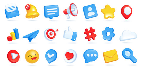 3d social media icons. Envelope with email message, bell for notification, megaphone, speech bubbles for comments. Marketing and networking sites isolated icons for communication vector illustration