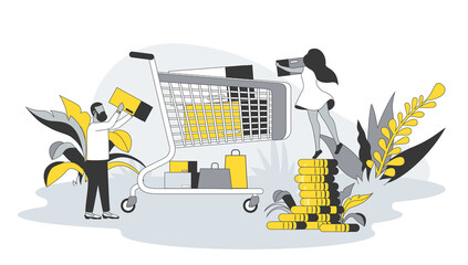 Aufkleber - Retail concept in flat design with people. Man and woman buy goods in supermarket, choose products and puts it in trolley, buy at best prices. Illustration with character scene for web banner