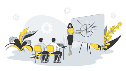 Leinwandbilder - Teaching concept in flat design with people. Woman teacher explain lesson and showing on blackboard, students learning and sitting in classroom. Illustration with character scene for web banner