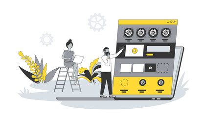 Web development concept in flat design with people. Man and women create site layout, place blocks with content and buttons, working in team. Illustration with character scene for web banner