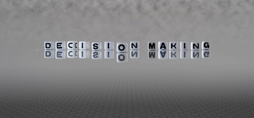 Sticker - decision making word or concept represented by black and white letter cubes on a grey horizon background stretching to infinity