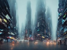 Cyberpunk Evening Cityscape With Huge Skyscrapers And Neon Lights. Street Of A Futuristic City In A Haze. Gloomy Urban Scene. City Of A Future. 3D Illustration