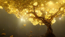 Golden Tree Fantasy Illustration. Beautiful Abstract Background