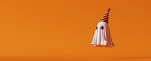 Halloween Ghost With Party Hat On Orange Background. 3d Rendering
