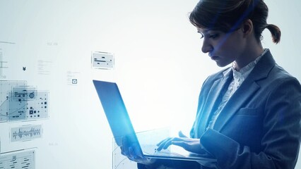 Aufkleber - A woman using a laptop PC and digital data