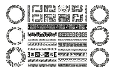 Greek border collection. Decorative antique roman geometric ornament, classical fancy frame mediterranean style. Vector isolated set. Round ethnic frames and corners for decoration