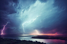 Dramatic Lighting, Thunder Bolt In Night Sky Over Sea. Lightening Storm. 3D Illustration