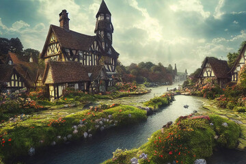 beautiful old fantasy town with river at sunset, digital illustration, digital painting, cg artwork, realistic illustration, concept art, video game background, book illustration