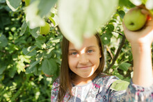 Smiling Girl Holding Apple On Tree