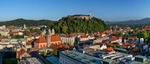 Slovenia, Ljubljana, Panoramic View Of Ljubljana Castle Overlooking Old Town Below