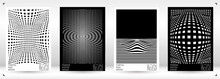 Geometrical Poster Design With Optical Illusion Effect.  Minimal Psychedelic Cover Page Collection. Monochrome Wave Lines Background. Fluid Stripes Art. Swiss Design. Vector Illustration For Placard.