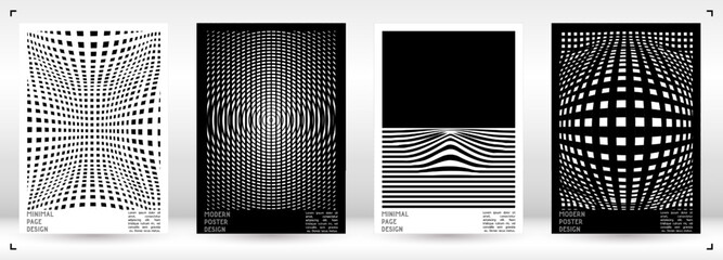 Wall Mural - Geometrical Poster Design with Optical Illusion Effect.  Minimal Psychedelic Cover Page Collection. Monochrome Wave Lines Background. Fluid Stripes Art. Swiss Design. Vector Illustration for Placard.