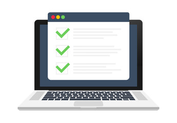 Online survey, checklist, questionnaire icon. Laptop, Computer screen. Feedback business concept. Vector stock illustration.