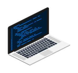 Isometric laptop coding concept. Web developer, design, programming. Laptop screen code. Vector stock illustration.