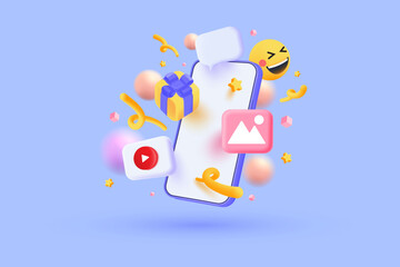 Wall Mural - 3d social media platform, online social communication applications concept, emoji, image, chat and c