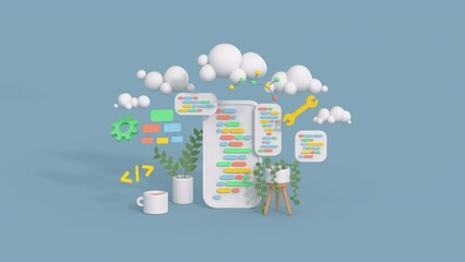 Application development and coding concept. Minimal cartoon style 3D render animation