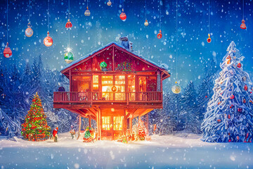 Wall Mural - 3D illustration of a Christmas tree house with ornaments and colored lights, surrounded by snow