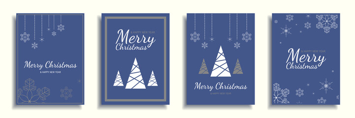 Wall Mural - Merry Christmas and New Year 2023 brochure covers set. Xmas minimal banner design with geometric festive tree and snowflakes decorative borders. Illustration for flyer, poster or greeting card