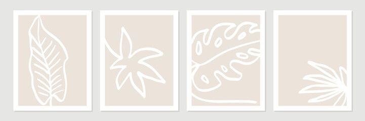 Leinwandbilder - Set of abstract tropical organic shapes, leaves, lines and textures in white on neutral nude and beige background.