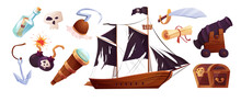 Pirates Set Icons In Cartoon Style. Flag With White Skull And Crossing Bones. Ancient Parchment Pirate's Treasure Map, Message In Glass Bottle, Spyglass, Hand Hook, Smoking Pipe, Bomb, Cannon.