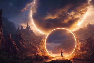 Wall Mural - beautiful mystical portal to another world, colorful fantasy environment background, digital illustr