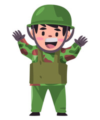 Kids wearing camouflage army soldier military with helmet green armed and kevlar vest