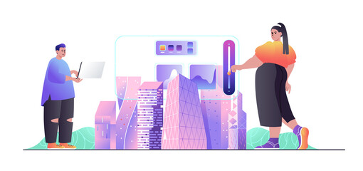 Fototapete - Smart city concept for web banner. Man and woman use wireless management technology, modern urban infrastructure, modern people scene. Illustration in flat cartoon design with person characters
