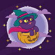 Halloween cartoon hand drawn background illustration cute witch cat