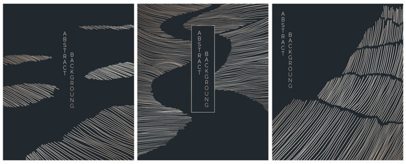 vector abstract japanese style landscapes lined waves in black and gold colours	