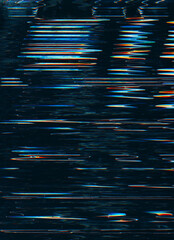 Wall Mural - Glitch noise texture. Digital artifacts. Frequency error. Blue orange color fuzzy vibration static distortion on dark black abstract illustration background.