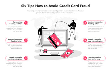 Leinwandbilder - Simple infographic template for how to avoid credit card fraud. 6 stages template with a laptop and two hackers stealing credit card information as a main symbol.