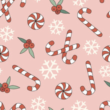 Retro 60s 70s Christmas Sweets Candy Cane Lollipop Mistletoe Snowflake Vector Seamless Pattern. Hippie Groovy Vintage Xmas Sweetmeat Background For Holiday Festive Season Wrapping Paper.