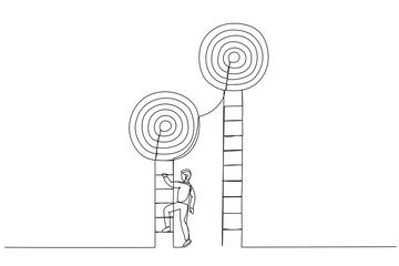 Wall Mural - Drawing of smart businessman about to climb up ladder to achieve short term goal. Metaphor for focus on short term goal to achieve long term success. One line style art