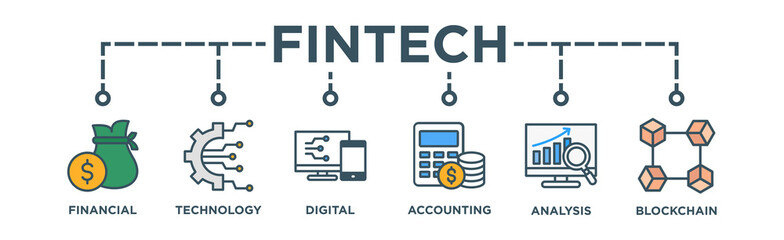 Fintech banner web icon vector illustration concept with icon of financial, technology, digital, accounting, analysis and blockchain