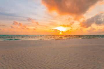 Aufkleber - Colorful sky clouds ocean beach sunrise sunset dramatic motivational. Tropical island seaside coastal landscape, exotic beach shore, sea horizon. Inspire happy closeup of sand, beautiful summer travel