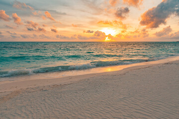 Aufkleber - Colorful sky clouds ocean beach sunrise sunset dramatic motivational. Tropical island seaside coastal landscape, exotic beach shore, sea horizon. Inspire happy closeup of sand, beautiful summer travel