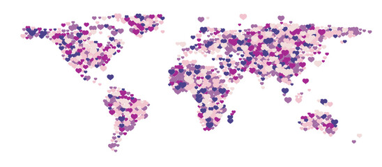 World map full of pink and purple heart symbols. Abstract planet earth vector illustration of love, tolerance, peace, and harmony