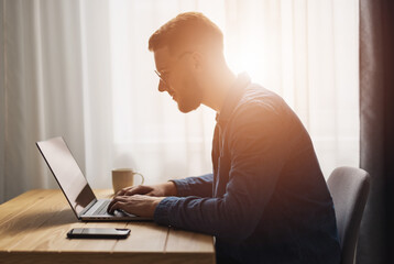 Young bearded man coding on laptop on a desk against sunny window, remote working from home