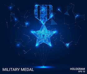 Wall Mural - hologram military medal. a military reward of polygons, triangles of dots and lines. medal icon low-