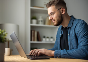 Young bearded man freelancer working on laptop from home, coding remotely work