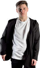 Poster - PNG. Mockup of mens white t-shirt on guy in black isolated on transparent background