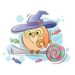 Halloween cute witch owl cartoon watercolor background illustration