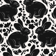 Seamless vector pattern of drawn rabbits and flowers. Simple black and white illustration.