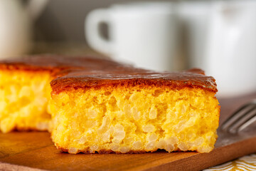 Closeup of Italian Rice Pudding Cake made with Almonds, Milk and Amaretti Cookies., called also Torta degli Addobbi or Torta di riso.