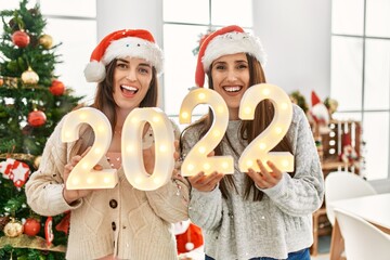 Poster - Two women celebrate new year holding 2022 lights standing by christmas tree at home