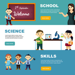  school. education concept pictures for print design banners template school teachers and piupks little students. Vector set with place for text