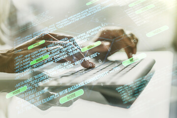 Wall Mural - abstract creative coding concept with hands typing on laptop on background. multiexposure